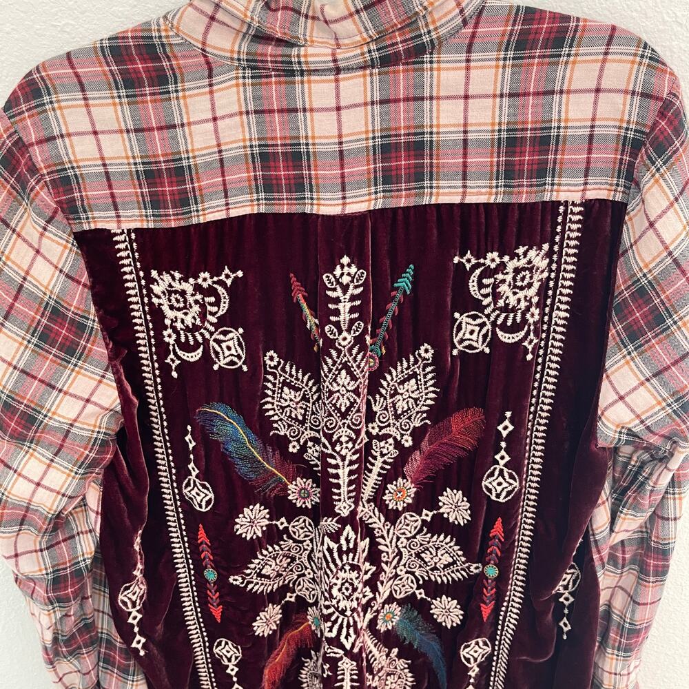 Johnny Was 3J Workshop Lorie Boho Plaid Button Down Embroidered Velvet Back Sz M - Picture 4 of 16